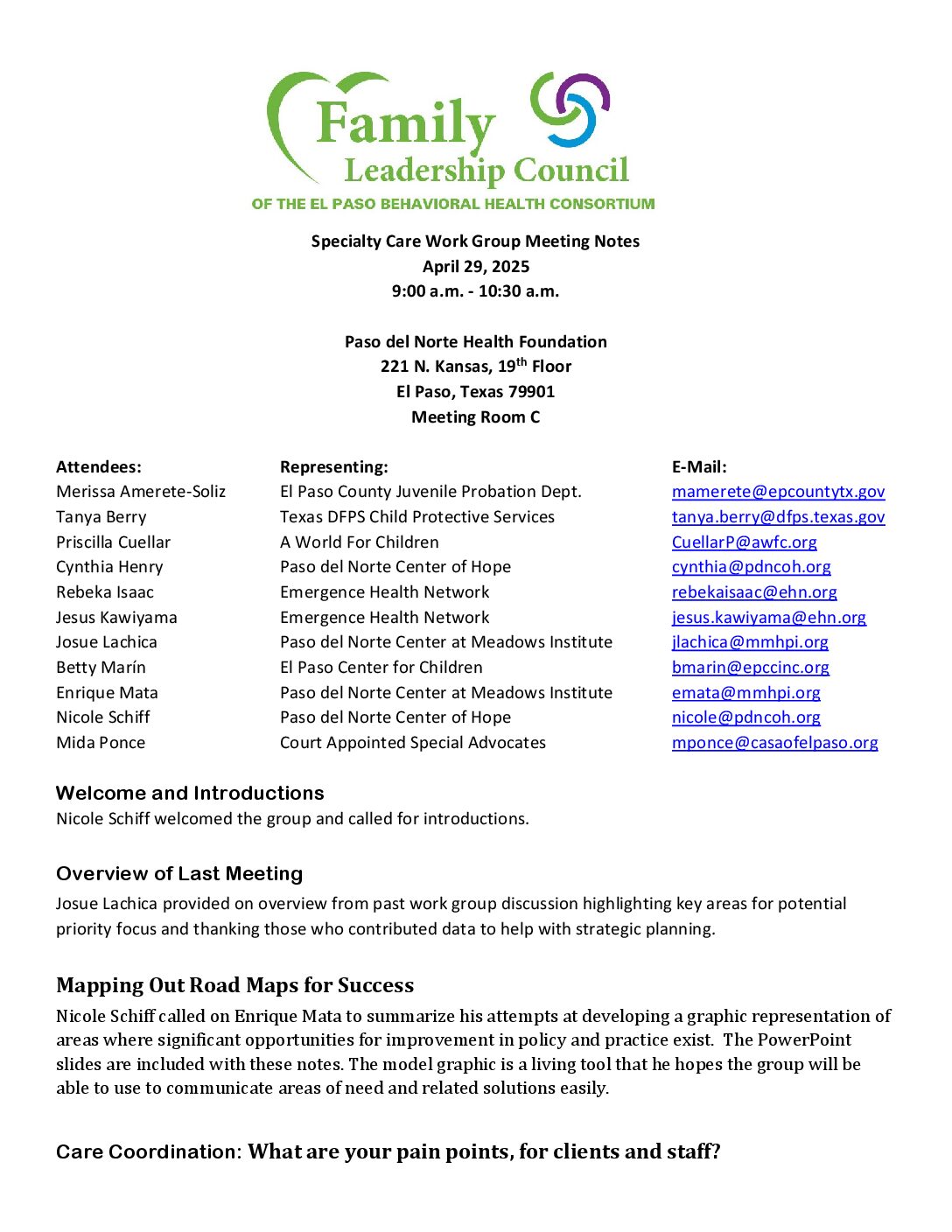 Specialty care meeting notes april 29 2025 fs