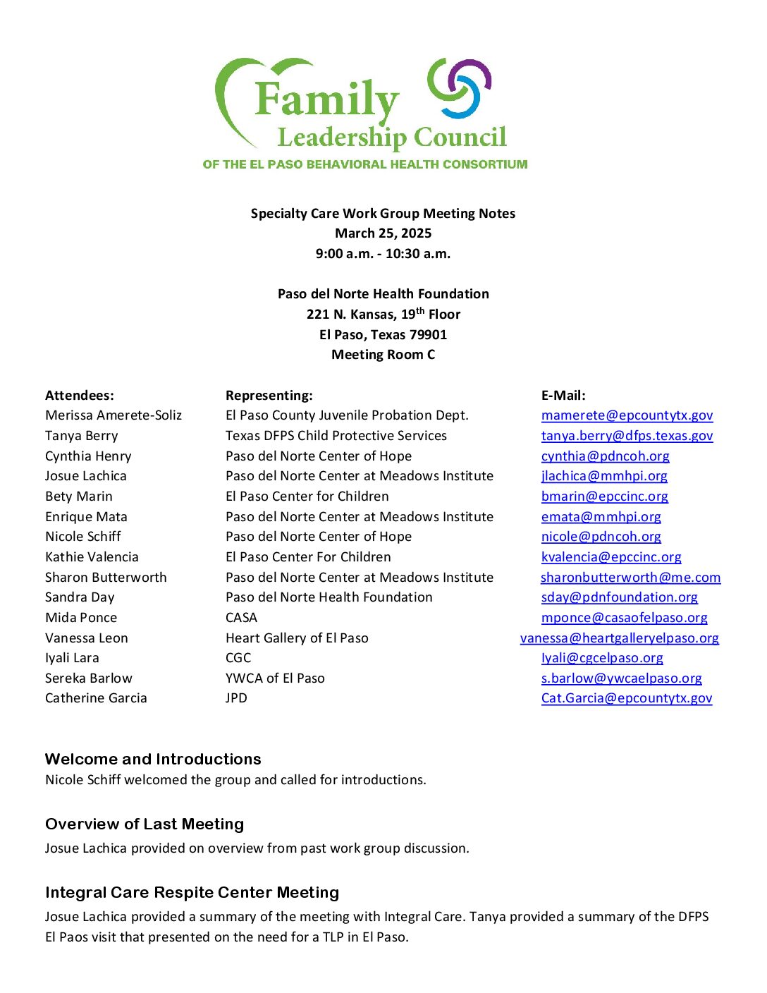 Specialty care meeting notes march 25 2025